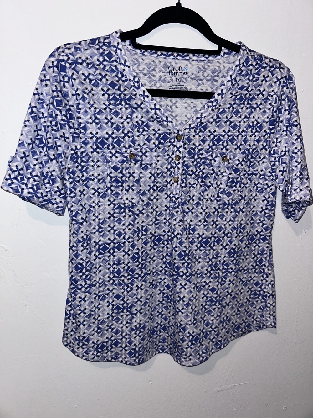 Croft & Barrow Blue Patterned Short-Sleeve Henley Top